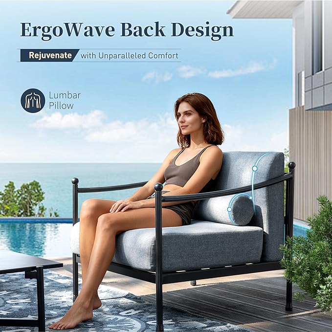 Patio Conversation Set,5 Pcs Metal Outdoor Furniture Set with Aluminum Armrest,3-Seater Sofa,2 Fixed Chairs,Metal Nested Table and 7.1" Extra Thick Cushion,Grey