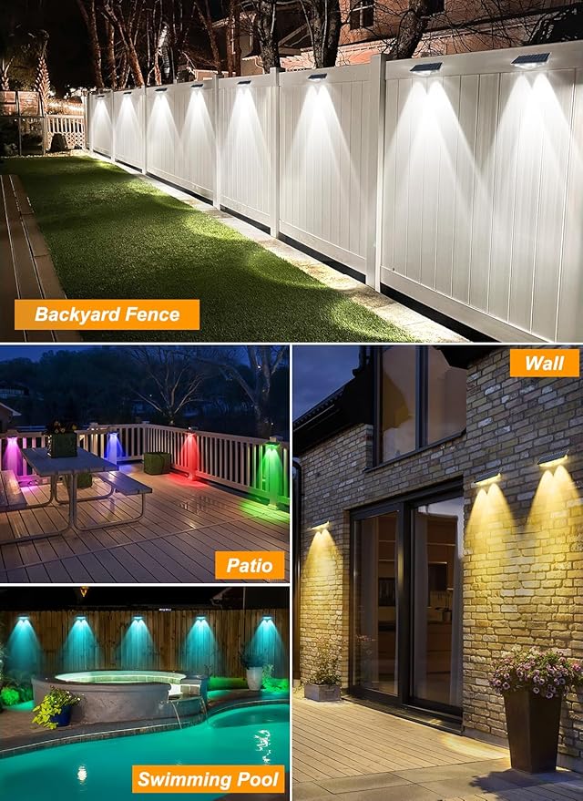 Solar Fence Lights, Fence Light Solar Powered with 6 RGB Colors/Warm White/Cool White, Dusk to Dawn Deck Lights Waterproof, Bright Solar Outdoor Light for Backyard, Outside, Wall, Step(4 Packs)