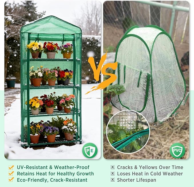 EAGLE PEAK 4-Tier Mini Greenhouse Portable Green House with Shelves & Weather-Resistant PE Cover, Small Greenhouse for Seedlings & Gardening Gifts, 27x19x64 in, Clear/Green
