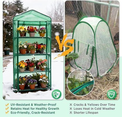 EAGLE PEAK 4-Tier Mini Greenhouse Portable Green House with Shelves & Weather-Resistant PE Cover, Small Greenhouse for Seedlings & Gardening Gifts, 27x19x64 in, Clear/Green