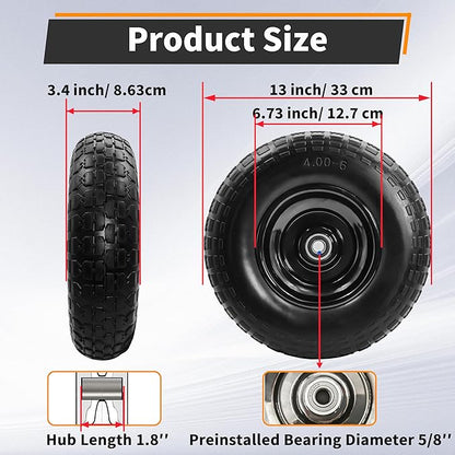 2PC 4.00-6 Flat-Free Tires and Wheels,13" Rubber Solid Tire, with 5/8" & 3/4" Bearing, 1.8"-5.8" Centered Hub Length, 4.00-6 tire and wheel Fit for Gorilla Cart, Garden Cart/Hand Truck/Wheelbarrowetc.