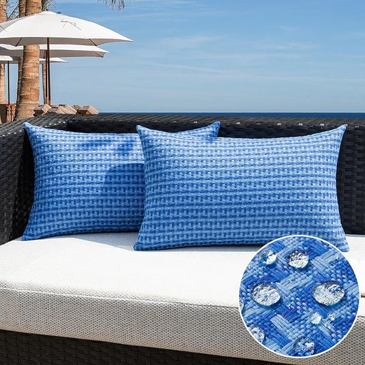 Kevin Textile Outdoor Waterproof Throw Pillow Covers Pack of 2 Farmhouse Decorative Cushion Covers for Garden Patio Tent Balcony Bench Couch Sofa 12x20 Inch, Blue