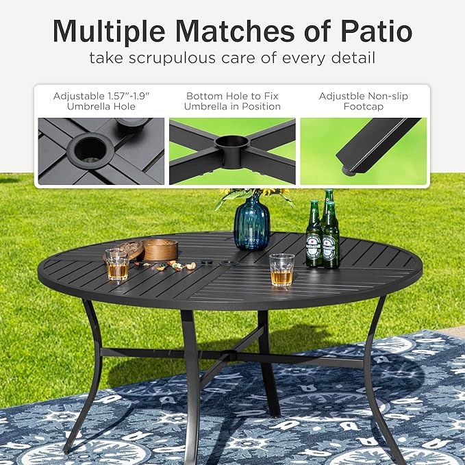 PHI VILLA 5 Pieces Outdoor Dining Set for 4, Round Metal Wrought Iron Table with Umbrella Hole & Swivel Metal Steel Chairs with Cushions, Large Modern Furniture for Patio, Deck, Backyard, Porch