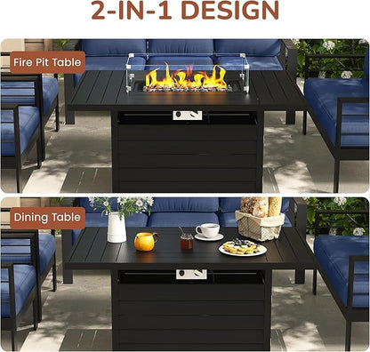 Solaste Aluminum Patio Furniture Set with Fire Pit Table, 5 Piece Metal Outdoor Furniture with Water-Resistant Cushions, Modern Patio Conversation Set for Balcony, Front Porch, and Backyard, Blue