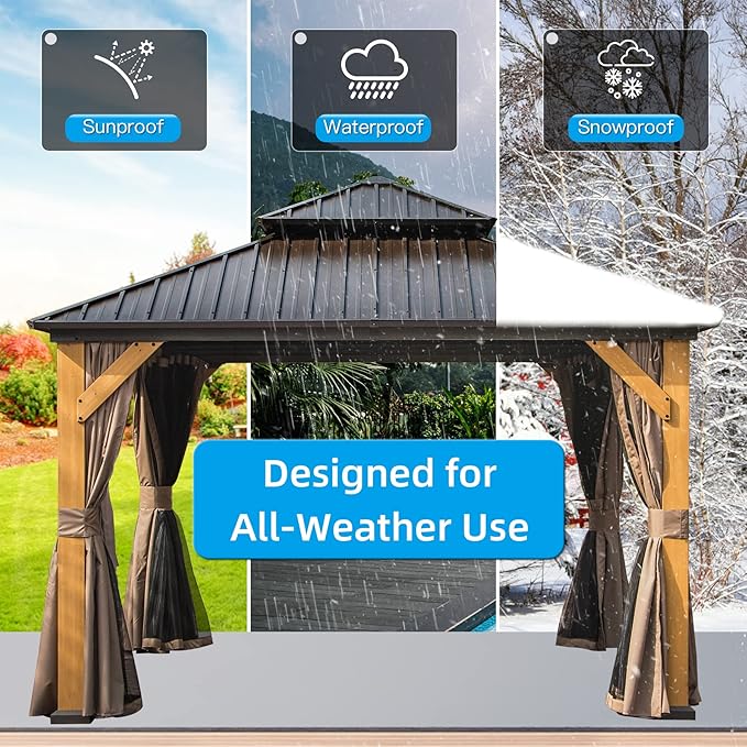 Domi Hardtop Gazebo 12’x12’ Cedar Frame Wood Gazebo with Galvanized Steel Double Roof, Outdoor Permanent Metal Gazebo with Curtains and Netting for Patio,Deck,Backyard