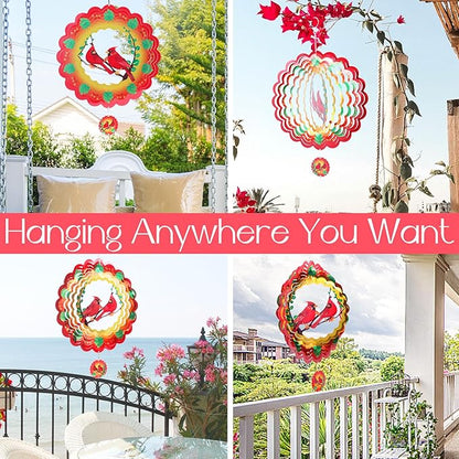Cardinal Wind Spinners Gift for Women Men, 12 Inch Outdoor Metal 3D Wind Spinner Garden Yard Decor, Hanging Wind Catchers Stainless Steel Kinetic Sculpture for Outside Decoration