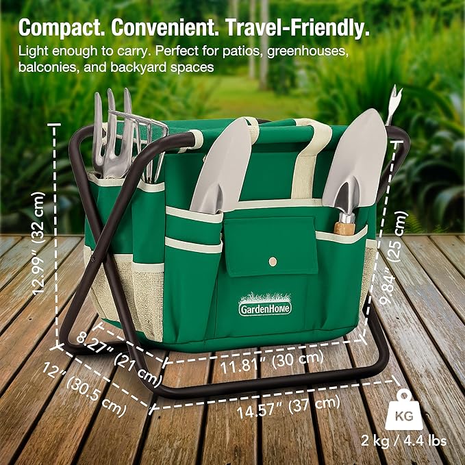 GardenHOME 7-Piece Gardening Tool Set – Stainless Steel Hand Tools with Wooden Handles, Folding Stool, and Canvas Tote Bag, Yard Maintenance Kit for Gardeners, Women, and Beginners