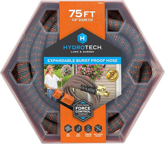 HydroTech 75 ft Expandable Garden Hose - Burst Proof & Lightweight, Flexible Water Hose with Durable Reinfordced Latex Core & Solid Brass Fittings for Lawn, Garden, Car Washing