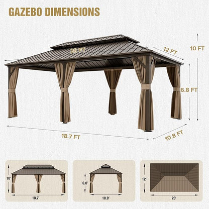 COOS BAY 12x20 Hardtop Gazebo with Aluminum Frame, Galvanized Steel Double Roof Outdoor Pavilion with Netting and Curtains, Dark Brown/Tan