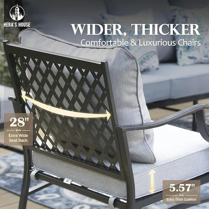 HERA'S HOUSE 6 Pieces Patio Furniture Set with Fire Pit Table, 2 x Rocking Chair, 2 x Ottoman, 3-Seat Sofa with 45" Fire Pit Table, Outdoor Conversation Set for Garden Poolside Backyard, Grey