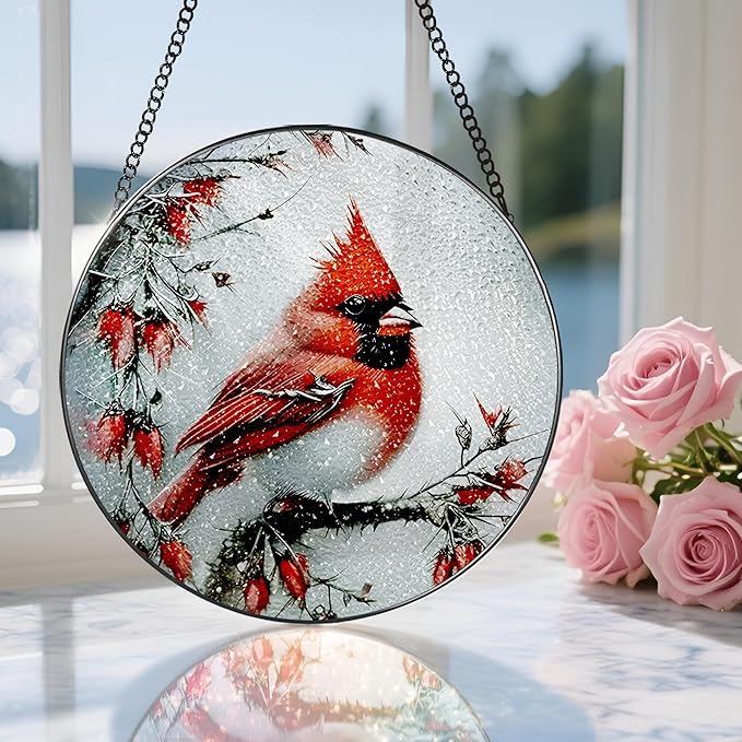 Stained Glass Window Hanging, DOUHASU 8 Inch Cardinal Stained Glass Suncatcher Ornement, Window Decor, Sympathy Gift, Cardinal Gifts for Women