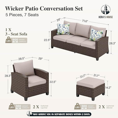 HERA'S HOUSE Patio Furniture Set, 5 Pieces Outdoor Wicker Furniture, All Weather Rattan Patio Conversation Set, Deep Seating Outdoor Sofa Sets for Lawn Deck Backyard, Brown/Beige