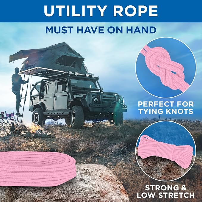 TECEUM Cotton Rope 3/16” (5 mm) – 100 FT – Strong All-Purpose Braided Rope – Natural Cotton – for Crafting, Сamping, Clothes Line, DIY, Indoor & Outdoor Use – Pink