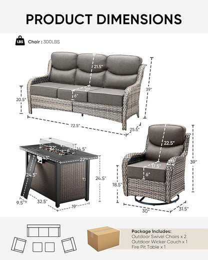 HUMMUH 4 Pieces Patio Furniture Set with Fire Pit High Back Outdoor Furniture Set 6-inch Cushions Wicker Patio Swivel Rocker Chairs for Balcony Garden,Lawn,Deck