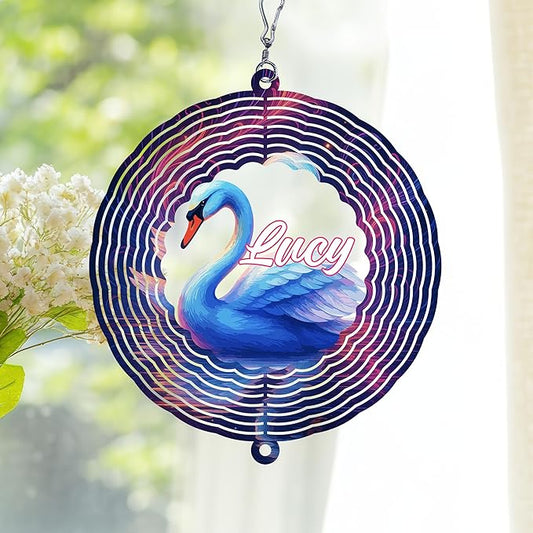 Personalized Swan Wind Spinner 3D Stainless Steel, Swan Garden Spinner Hanging Outdoor Decor, Wind Spinners Outdoor, Custom Gift for Grandmother, Mom, Wife