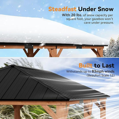 Modern Shade Tranquil Grove Wood Gazebo 12' x 20', Grill Gazebo with Galvanized Steel Roof, Mosquito Netting and Curtains, Permanent Hardtop Pavilion with Sturdy Hooks for Garden, Backyard