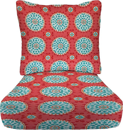 RSH DECOR Deep Seating Cushion with Pillow Back | 23.5” x 25” Seat | Water and Fade-Resistant Spun Fabric | Outdoor Chair Cushion Set for Patio Furniture | Watermelon Sundial