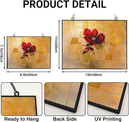 Personalized Rectangle Red Flower Stained Glass Window Hangings Stained Glass Suncatcher Birthday Gift for Mom Grandma Teacher Women Friend Memorial Hook