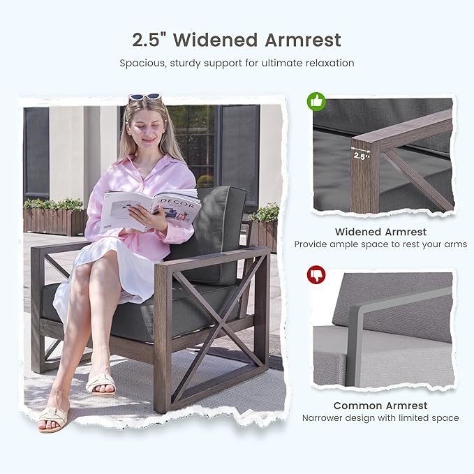 UDPATIO 4 Piece Faux Wood Aluminum Patio Furniture Set 7 Seats Modern Outdoor Furniture Patio Conversation Sets with Coffee Table for Balcony, Backyard, 600D Waterproof Cover Included, Dark Grey
