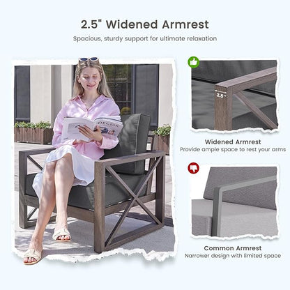 UDPATIO 4 Piece Faux Wood Aluminum Patio Furniture Set 7 Seats Modern Outdoor Furniture Patio Conversation Sets with Coffee Table for Balcony, Backyard, 600D Waterproof Cover Included, Dark Grey