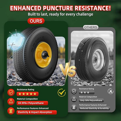 4.10/3.50-4 Tire and Wheel Flat Free,10-Inch Solid Wheel Replacement with 5/8 Extra 3/4 &1/2 Bearings,2.2" Offset Hub -Compatible with Hand Truck,Wheelbarrow,Dolly(Wave,Yellow)