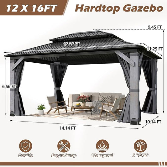 12 x 16FT Wood Gazebo, Wooden Frame Gazebos with Netting and Curtains,Outdoor Hardtop Gazebo with Wood Posts and Galvanized Steel Doule Roof for Lawn, Backyard Deck