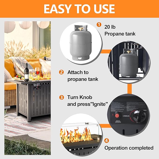 43 Inch Outdoor Propane Fire Pit Table 50,000 BTU, Rectangle Gas Fire Pit with Glass Wind Guard & Tempered Glass Top for Outside Patio & Backyard, Includes Rain Cover & Glass Beads