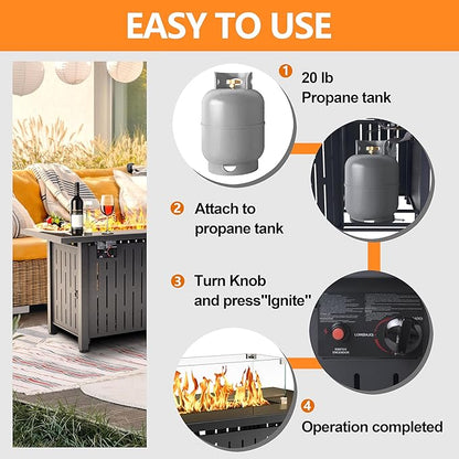 43 Inch Outdoor Propane Fire Pit Table 50,000 BTU, Rectangle Gas Fire Pit with Glass Wind Guard & Tempered Glass Top for Outside Patio & Backyard, Includes Rain Cover & Glass Beads