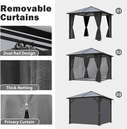 10x10FT Gazebo Hardtop, Outdoor Patio Gazebos with Polycarbonate Roof & Steel Frame, Outdoor Pavilion with Gray Curtain&Netting for Backyard/Lawn/Garden/Deck