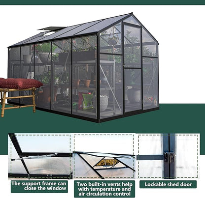 Favfurish 6x10 FT Greenhouses for Outdoors,Heavy Duty Polycarbonate Greenhouse,Lockable Walk-in Green House Sunroom w/ Roof Vent,Aluminum Hot House for Garden Plants Backyard Patio,Black