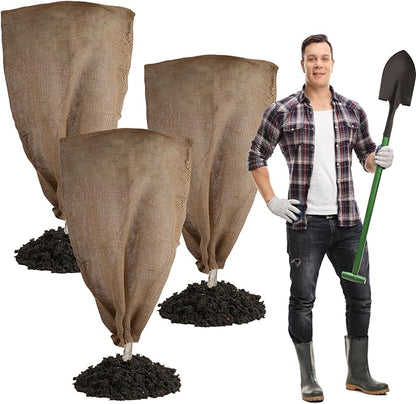 3 Pack 24'' x 40'' Reusable Warm Burlap Winter Plant Cover Bags with Drawstring Burlap Plant Covers Freeze Protection Large Plant Frost Cloth Cold Freeze Blanket Protecting Fruit Tree Potted Plants
