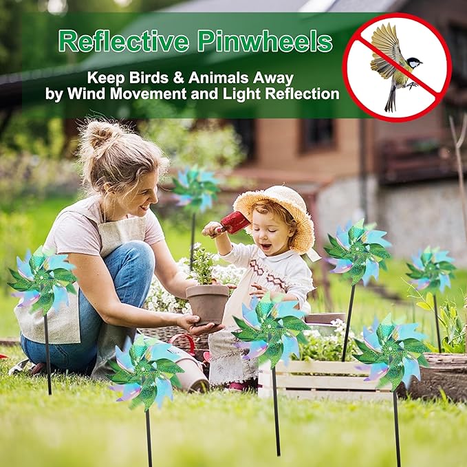 winemana 12 Pcs Reflective Pinwheels Outdoor, Wind Spinners for Yard & Garden, Sparkly Bird Repellent Windmill Scare Birds Away, Deterrent Devices for Outside Patio Lawn Spring Decor (Green)