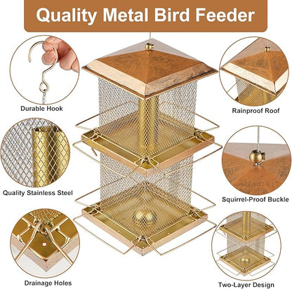 Large Bird Feeder, Double Tier Metal Bird Feeders for Outdoors, Square Tower Birdfeeder for Decorating Courtyard, Garden, Birds Watching, Gifts