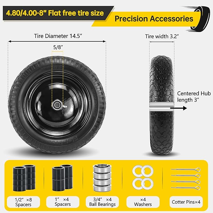2PC 4.80/4.00-8 Flat Free Tire, 14.5 Wheelbarrow Tire and Wheel with 5/8" Bearings & Extra 3/4", 3-7" Centered Hub, 4.80/4.00-8 tire and wheel Fit for Gorilla Cart, Garden Cart/Hand Truck