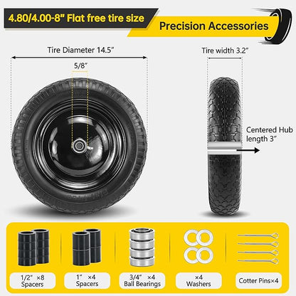 2PC 4.80/4.00-8 Flat Free Tire, 14.5 Wheelbarrow Tire and Wheel with 5/8" Bearings & Extra 3/4", 3-7" Centered Hub, 4.80/4.00-8 tire and wheel Fit for Gorilla Cart, Garden Cart/Hand Truck