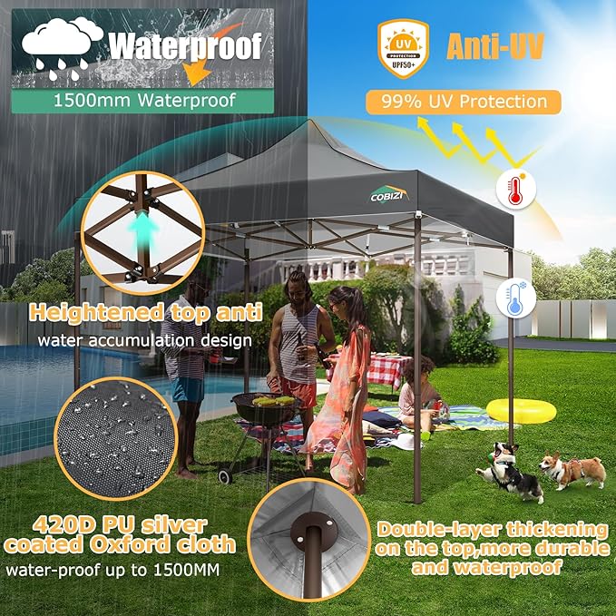COBIZI 10x10 Pop Up Heavy Duty Canopy with 4 Sidewalls and Hexagonal Legs, Easy up Tent for Events, Parties, Camping, Outdoor Canopy with Portable Bag, Waterproof & UPF50+ (Gray)