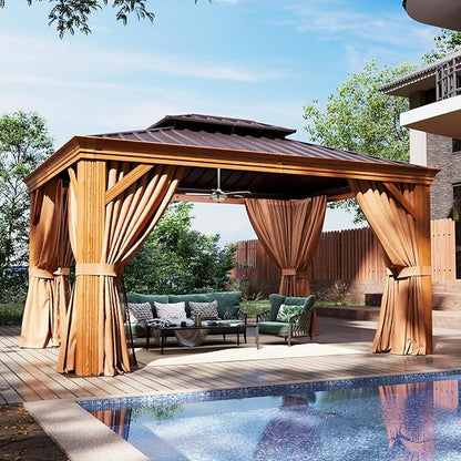 Aoxun 10' x 12' Hardtop Gazebo, Wooden Finish Coated Aluminum Frame Canopy, Galvanized Steel Double Top, Outdoor Permanent Metal Pavilion with Curtains and Netting, for Backyard, Patio and Deck