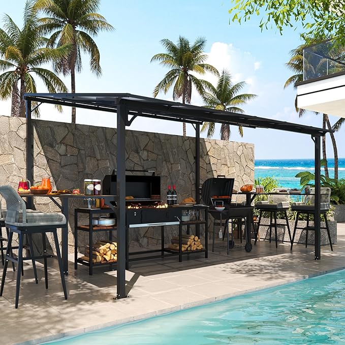 MEISSALIVVE 10' x 12' Wall Mounted Gazebo, Outdoor BBQ Grill Gazebo with Side Shelf, Lean to Metal Awnings with Sloped Roof, Heavy Duty Pergola for Backyard, Deck, Black