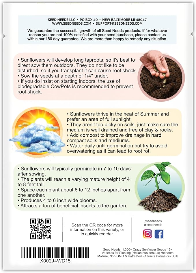 Seed Needs Sunflower Seeds for Planting The Original Crazy Blend | 1 Ounce 15+ Heirloom Varieties Open Pollinated & Untreated | Resealable Bulk Package Multicolored Blooms Flower Seeds
