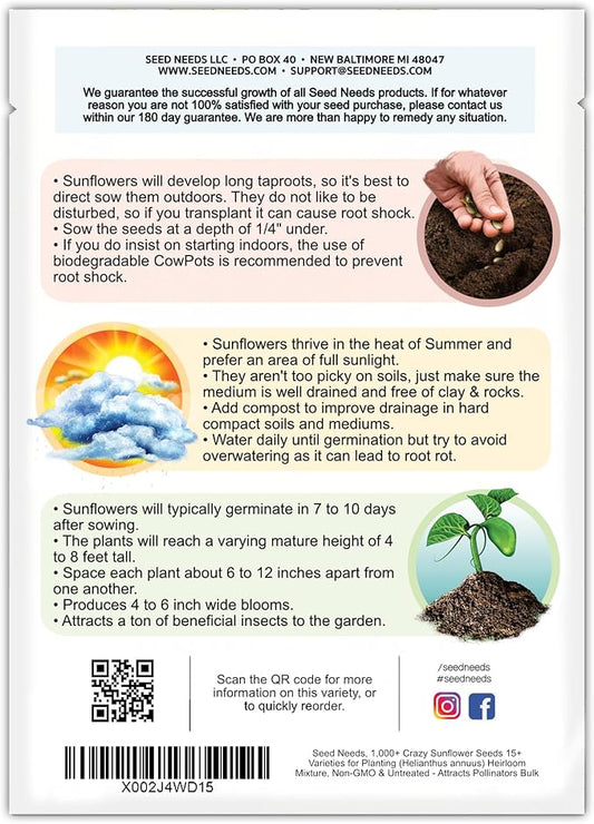 Seed Needs Sunflower Seeds for Planting The Original Crazy Blend | 1 Ounce 15+ Heirloom Varieties Open Pollinated & Untreated | Resealable Bulk Package Multicolored Blooms Flower Seeds