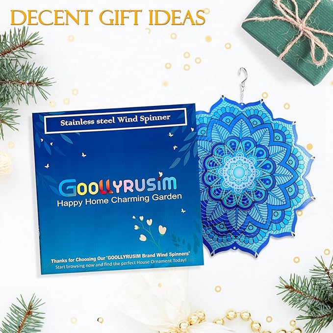 Goolyrusim Wind Spinner Mandala Rich Blue 12inch 3D Stainless Steel Wind Spinners Laser Cut Metal Hanging Wind Sculptures Kinetic Yard Art Decoration Garden Ornament Indoor/Outdoor Décor Worth Gift