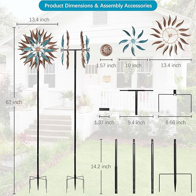 Large Outdoor Metal Wind Spinner,Two-Way Wind Sculptures,360 Degrees Kinetic Wind Spinners Yard Art Decor for Patio, Lawn & Garden 63 * 13.4 Inches