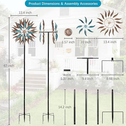 Large Outdoor Metal Wind Spinner,Two-Way Wind Sculptures,360 Degrees Kinetic Wind Spinners Yard Art Decor for Patio, Lawn & Garden 63 * 13.4 Inches