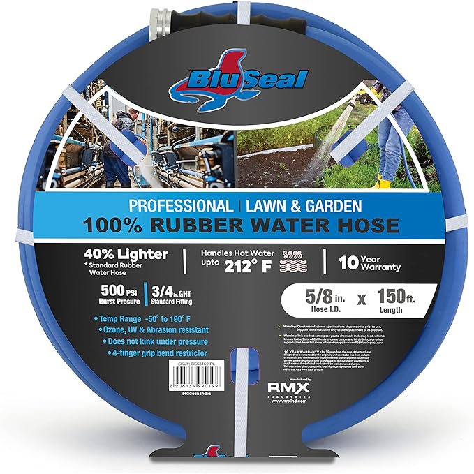 BluSeal Hot/Cold Water Rubber Garden Hose, 100% Rubber, Ultra-Light, Super Strong, 500 PSI, 50F to 190F Degrees, High Strength Polyester Braided (5/8" x 150')