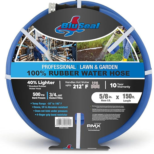 BluSeal Hot/Cold Water Rubber Garden Hose, 100% Rubber, Ultra-Light, Super Strong, 500 PSI, 50F to 190F Degrees, High Strength Polyester Braided (5/8" x 150')