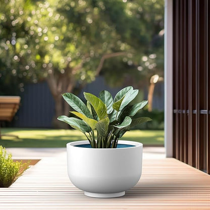 Kante 17.7 Inch Dia Concrete Bowl Planter, Large Tapered Bottom Plant Pot with Drainage, Smooth White Finish with Aqua Blue Interior, Ideal for Porch, Home, Garden, Patio