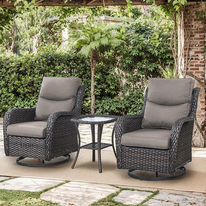 Patio Luxury Conversation Set 6PCS Resin Wicker Swivel Chairs Set, 4 Swivel Patio Chairs with Rattan Side Table and 30in Square Wicker Fire Table Set Brown Wicker|Grey Cushions