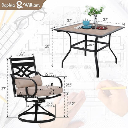 Sophia & William Swivel Patio Dining Set for 4, Outdoor Table and Chairs, Removable Seat Cushions, 37" Black Frame & Wood-Like Tabletop