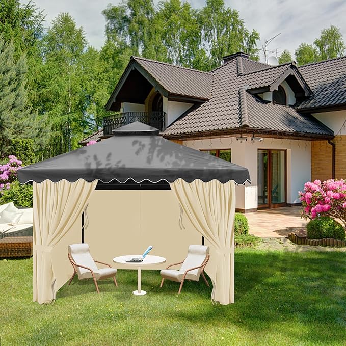 Gazebo Universal Replacement Privacy Curtain, 10'X12' Gazebo Curtains Outdoor Waterproof, 4-Panels Sidewall with Zipper for Patio, Garden and Backyard (Only Curtains, 10'X12', Khaki)