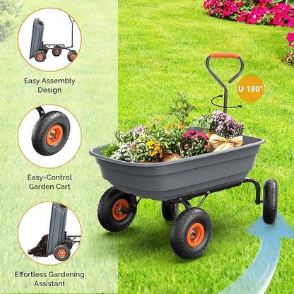 VINGLI Dump Cart Wagon, 440LBS Quick-Release Dump Wheelbarrow, All-Terrain 10" Tires Garden Wagon for Yard, Lawn and Outdoor Use